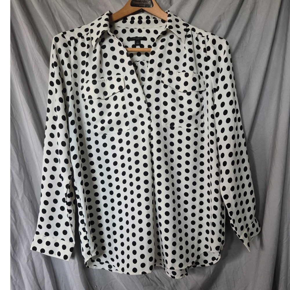 Ann Taylor Petite White Black Polka Dot Long Sleeve V-Neck Blouse Large Petite